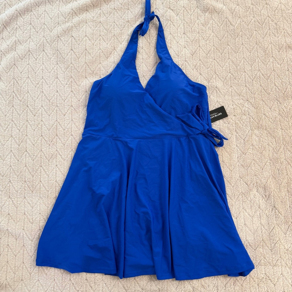 Ocean Blues Womens XXL Royal Blue Halter Wrap Front Swim Dress One Piece NWT